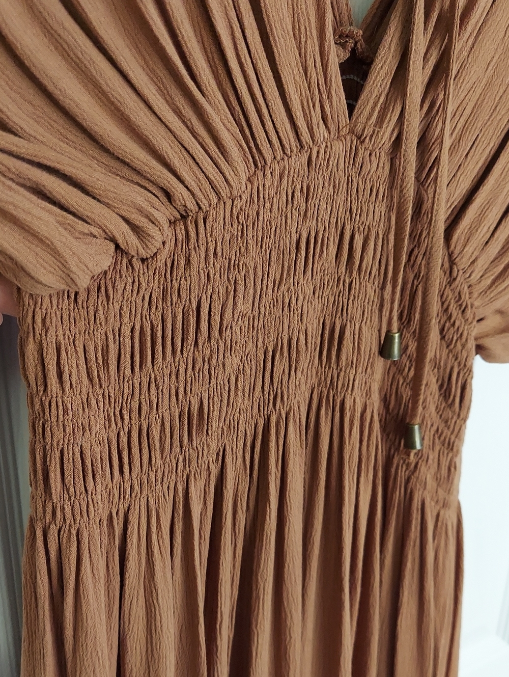 Miou Muse Dress, Size S, Brown Toffee, Gauze, Smocked Waist - Picture 7 of 17